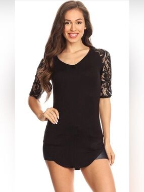 Zenana Signature Black Lace Sleeve Tunic Top